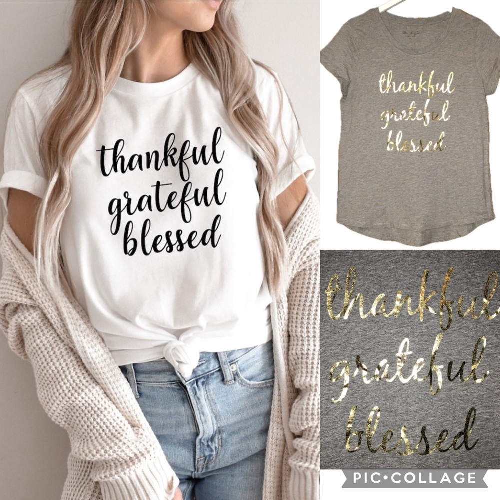Mic & Jax Gray Thankful, Grateful, Blessed Gold Foil Short Sleeve Graphic Tee